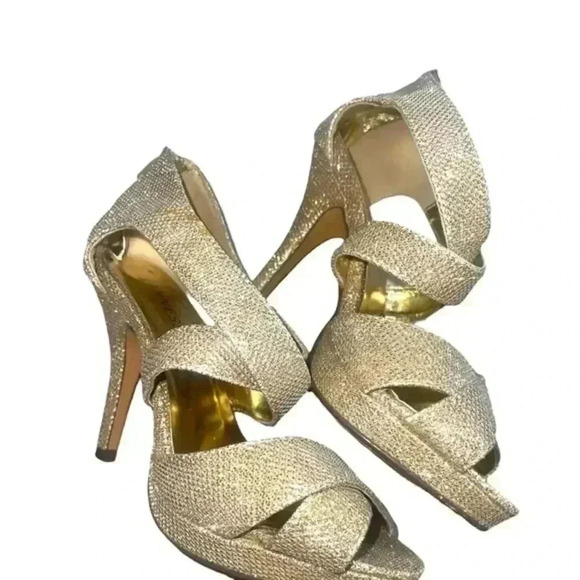 GOLD STRAPPY GLITTER HIGH HEELED SANDALS - Picture 7 of 11